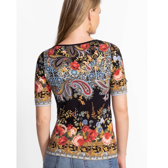 JOHNNY WAS The Janie Favorite Boat Neck Tee • 3X • black, multicolor print - Picture 2 of 8